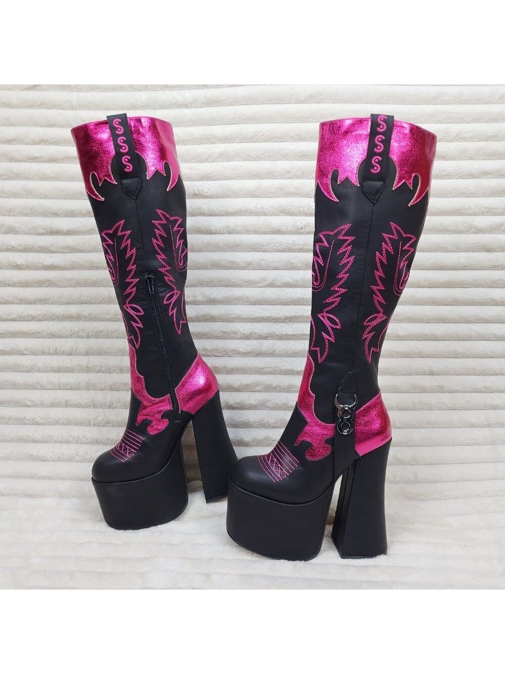 Free Your Mind Western Designed Platform Chunky Heel Knee Boots Festival Gothic - Picture 9 of 17